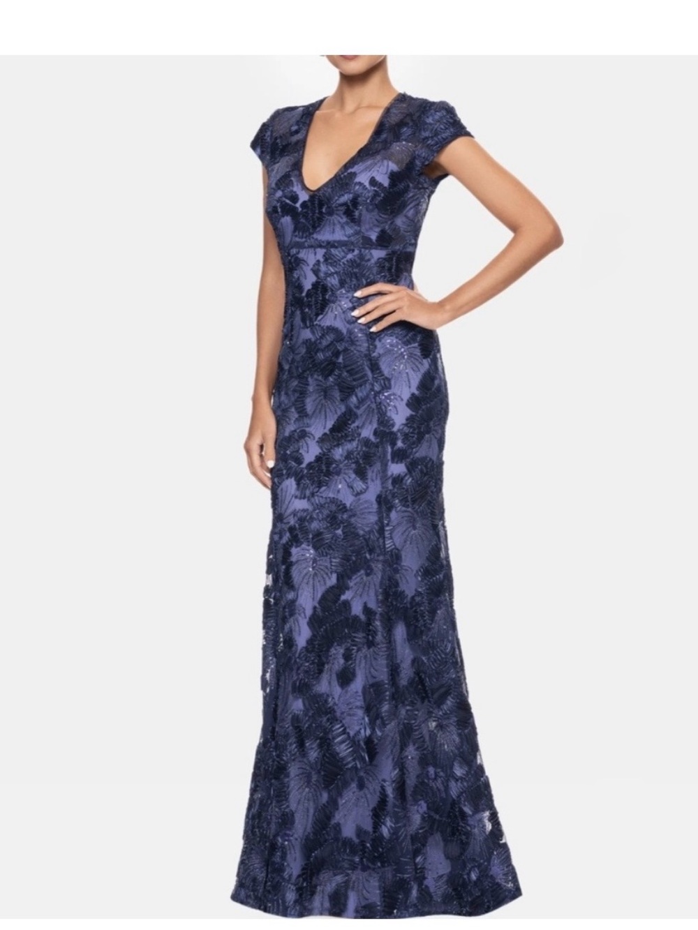 Betsy & Adam Navy and Indigo Floral Sequin Gown